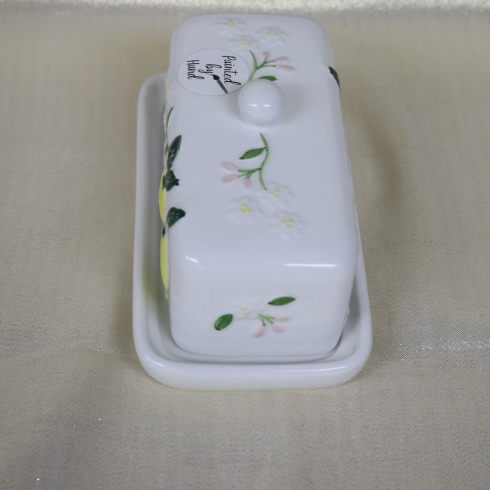 LANG by DESIGN EMBOSSED LEMONS FLORAL CERAMIC BUTTER DISH PLATE WITH COVER - NEW - Picture 2 of 4